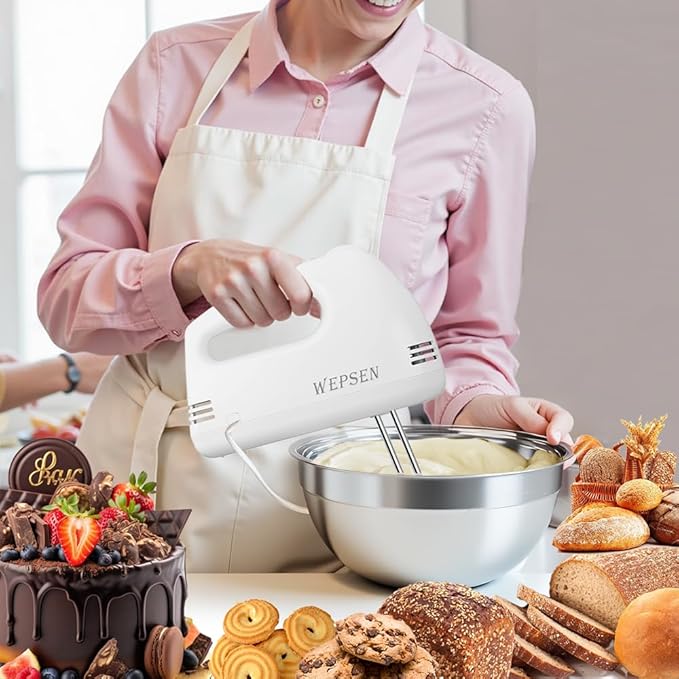 5-Speed Electric Hand Mixer, 4 Large Mixing Bowls Set, Handheld Mixers with Whisks Beater, Stainless Steel Metal Nesting Bowl Measuring Cups Spoons Kitchen Cake Blender for Baking Supplies - Image 6