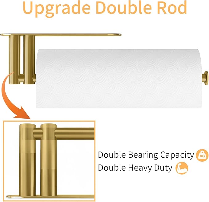 Paper Towel Holder Under Cabinet, 13Inch Self-Adhesive or Wall Paper Towel Holder for Kitchen, Bathroom, RV, Gold - Image 2