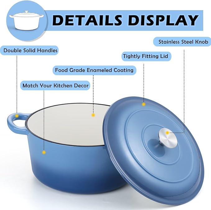 TeamFar 6QT Dutch Oven with Lid, Enameled Nonstick Cast Iron Dutch Oven Cooking Pot for Stewing Baking Braising, Various Stoves & Oven Safe, Toxic Free & Solid, Dual Handles & Easy Cleanup - Blue - Image 4