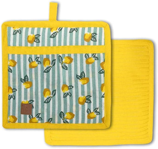 Folkulture Pot Holders for Kitchen | Pack of 2 (8x8) Ribbed Soft Silicone Hot Pads for Kitchen | 100% Cotton Cute Oven Pot Holders Set | Heat Resistant | Machine Washable | Non Slip | Lemon Party