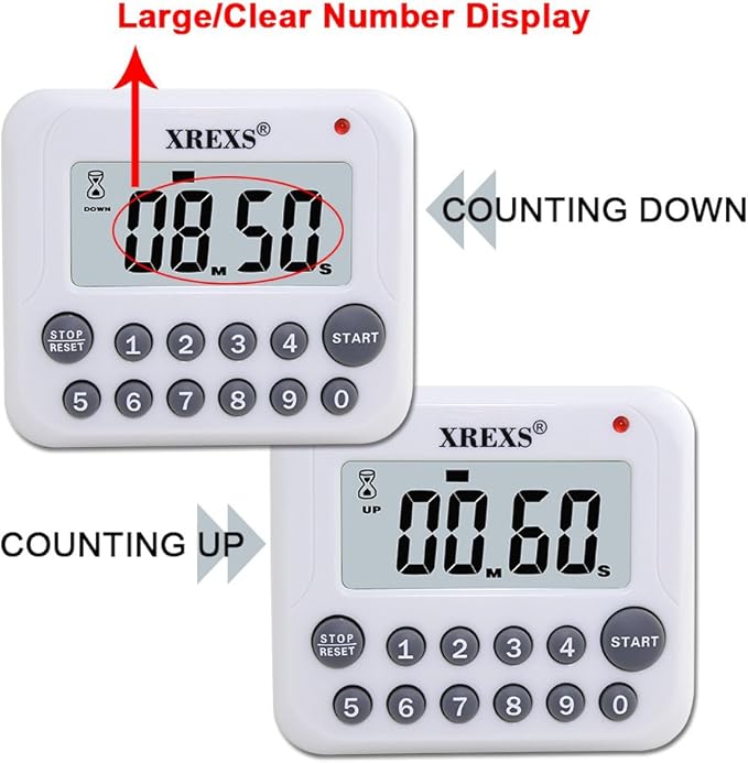 XREXS Digital Kitchen Timer Magnetic Countdown Up Cooking Timer Clock with Magnet Back and Clip, Loud Alarm, Large Display Minutes and Seconds Directly Input-White (2 Pcs, Battery Included) PS-367 - Image 3