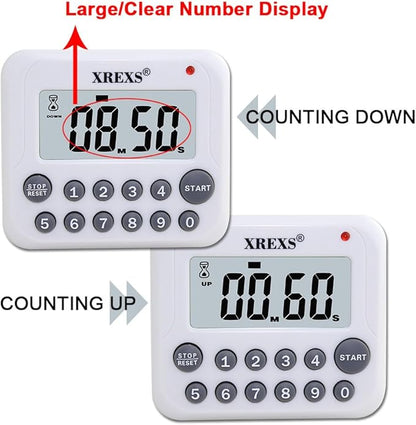 XREXS Digital Kitchen Timer Magnetic Countdown Up Cooking Timer Clock with Magnet Back and Clip, Loud Alarm, Large Display Minutes and Seconds Directly Input-White (2 Pcs, Battery Included) PS-367 - Image 3