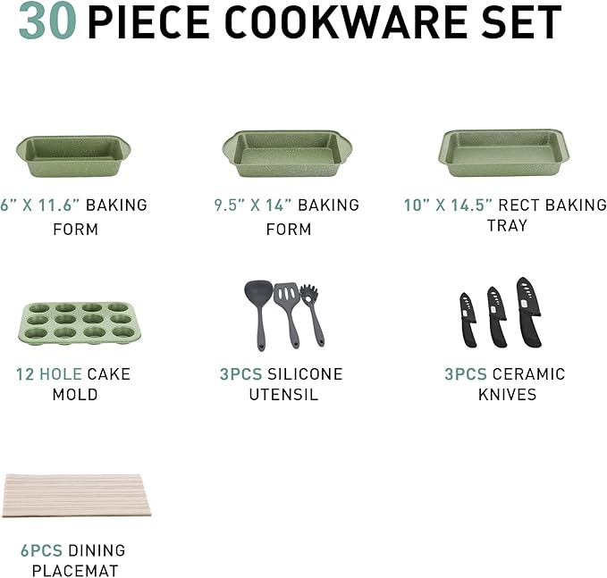 MAISON ARTS Pots and Pans Set Non Stick, 30 Piece Kitchen Cookware & Bakeware Sets with Granite Coating, Pots and Pans Sets for Cooking Nonstick, Green - Image 6