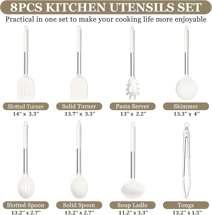 TeamFar Kitchen Utensils, 8PCS Cooking Silicone Utensils Kitchen Tool Kit with Stainless Steel Handle, for Nonstick Cookware Cooking Stirring Turning, Food Grade & Heat Resistant, Dishwasher Safe - Image 2