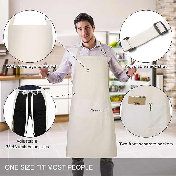 Jubatus 2 Pack 100% Cotton Aprons with 2 Pockets Cooking Chef Kitchen Adjustable Bib Apron for Women Men, Beige - Image 2
