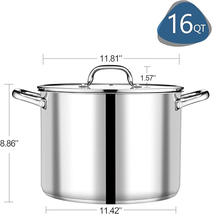 P&P CHEF 16 QT Stock Pot with Lid, Stainless Steel Large Cooking Pot, Soup Canning Stockpot for Stewing Simmering, Tri-ply Bottom for All Stoves, Heavy-Duty &Dishwasher Safe & Food-Grade - Image 2