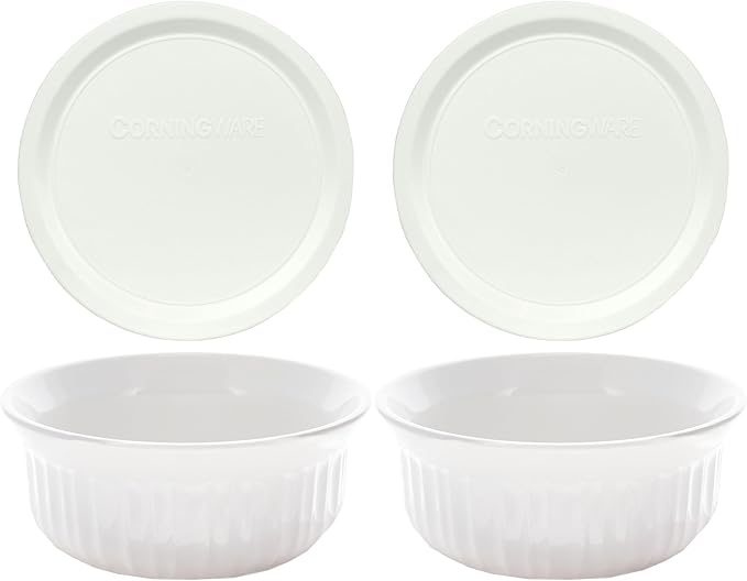 CorningWare FS16 16oz Round French White Casserole Dish w/F-16 French White Plastic Lid (2-Pack)