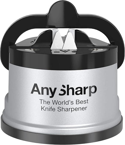 AnySharp – GLOBAL – Hands Free Knife Sharpener - Easy to Use Sharpening Tool with PowerGrip Suction Base and 20-Degree Pre-set Angle - For All Knives: Chef’s, Serrated, and Hardened Steel - Silver - Image 4