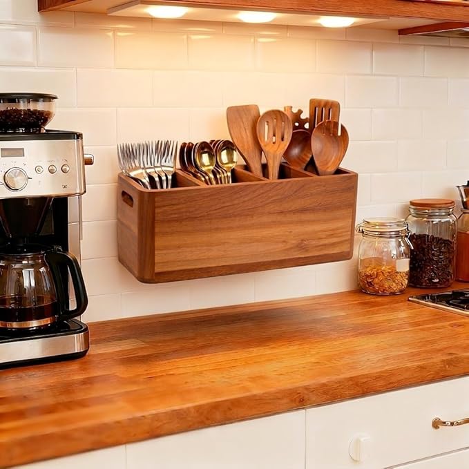 Wooden Kitchen Utensil Holder for Countertop - Extra Large Utensil Organizer for Storage Cooking and Silverware with 4 Compartment, Rustic Acacia Wood Container - Image 3