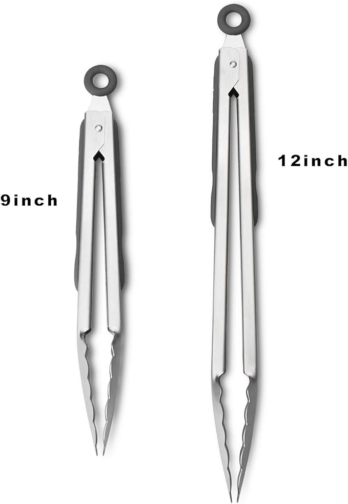 Premium 304 Stainless Steel Tongs Set – 12" Grill Tongs & 9" Cooking Tongs, Heat Resistant up to 600°F, Wavy Grip Head, Non‑Slip Handle with Locking Clip & Hanging Loop, Dishwasher Safe, Grey - Image 3