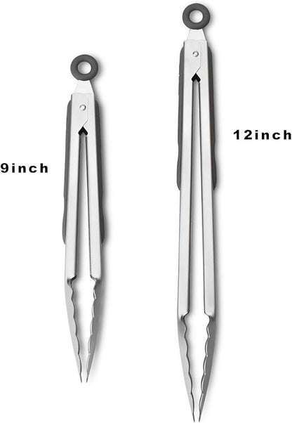 Premium 304 Stainless Steel Tongs Set – 12" Grill Tongs & 9" Cooking Tongs, Heat Resistant up to 600°F, Wavy Grip Head, Non‑Slip Handle with Locking Clip & Hanging Loop, Dishwasher Safe, Grey - Image 3