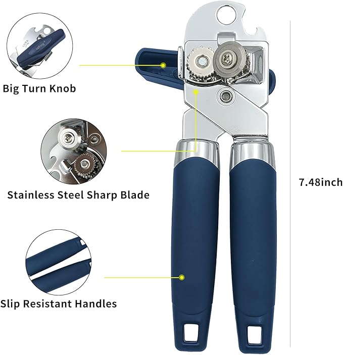 Safring Can Opener Manual, Handheld Strong Heavy Duty Stainless Steel Can Opener, Comfortable Handle, Sharp Blade Smooth Edge, Can Openers with Multifunctional Bottle Opener, Blue - Image 3