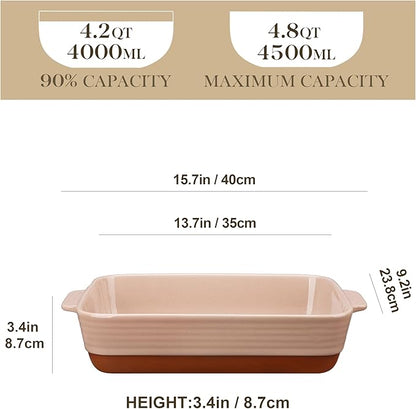 MALACASA 4.8 Qt Ceramic Oven Dish with Handles, 9 x 13 Inch Baking Dish Casserole Dishes, Deep Rectangular Lasagne Dishes Bakeware for Roasting (Khaki & Pink), Series TARA - Image 2