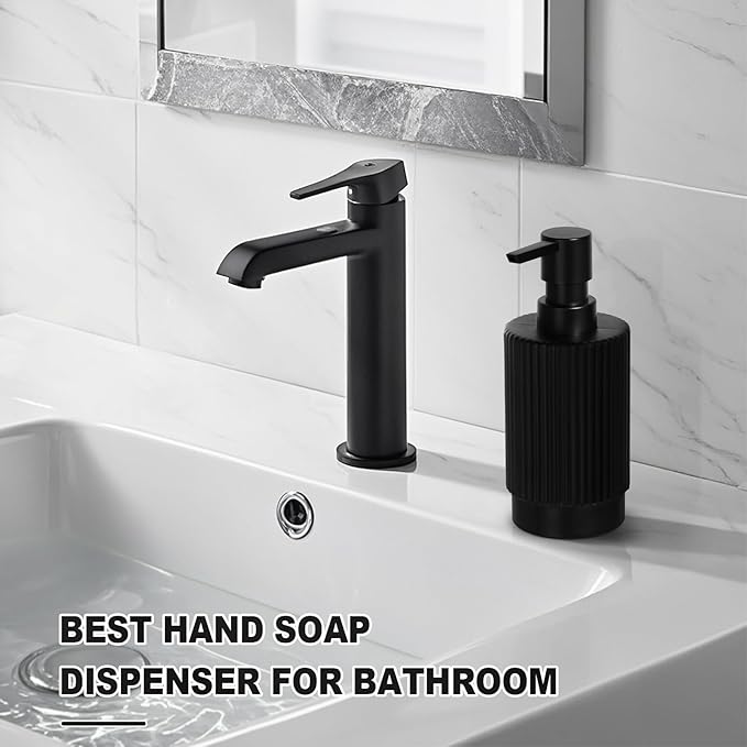 VIMERPA Black Soap Dispenser, 11 fl oz Hand Soap Dispensers for Bathroom, Matte Black Ribbed Glass Dish Soap Dispenser for Kitchen with Pump, Modern Refillable Liquid Soap Pump Bottle