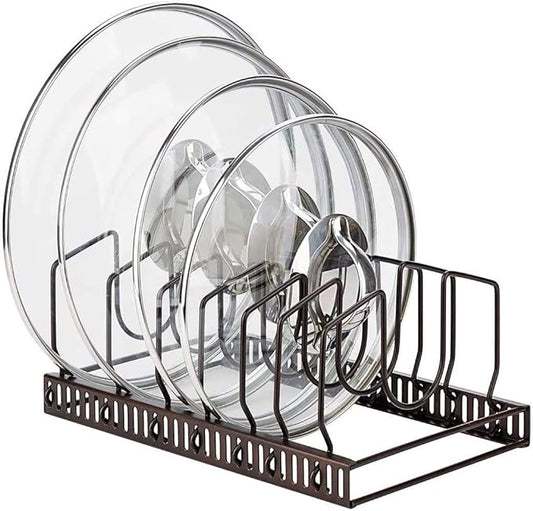 Toplife Pot Lids Organizer Rack for Cabinet and Countertop, 7+ Pan Lids and Bakeware Organizer Rack Holder with 7 Adjustable Compartments - Brown by Toplife