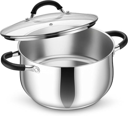 P&P CHEF Stainless Steel Stock Pot, 6 Qt Cooking Soup Pot with Visible Lid for Pasta, Tri-Ply Bottom & Dual Heatproof Handles, For Induction Gas All Stoves, Non-Toxic & Dishwasher Safe by PPCHEF