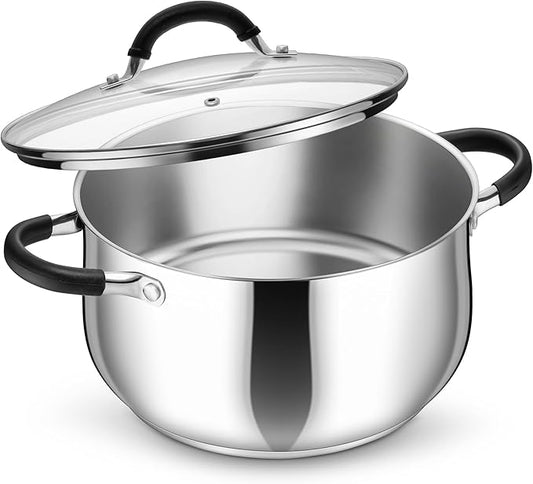 P&P CHEF Stainless Steel Stock Pot, 6 Qt Cooking Soup Pot with Visible Lid for Pasta, Tri-Ply Bottom & Dual Heatproof Handles, For Induction Gas All Stoves, Non-Toxic & Dishwasher Safe by PPCHEF