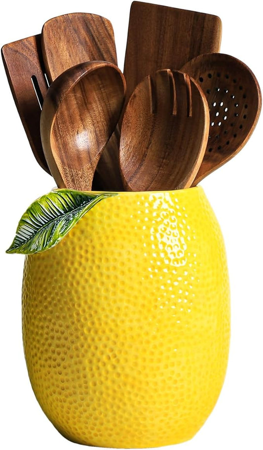 Lemon Shaped Ceramic Kitchen Utensil Holder, Large Cooking Utensil Crocks for Kitchen Countertop, Ceramic Utensil Organizer for Spatula-A