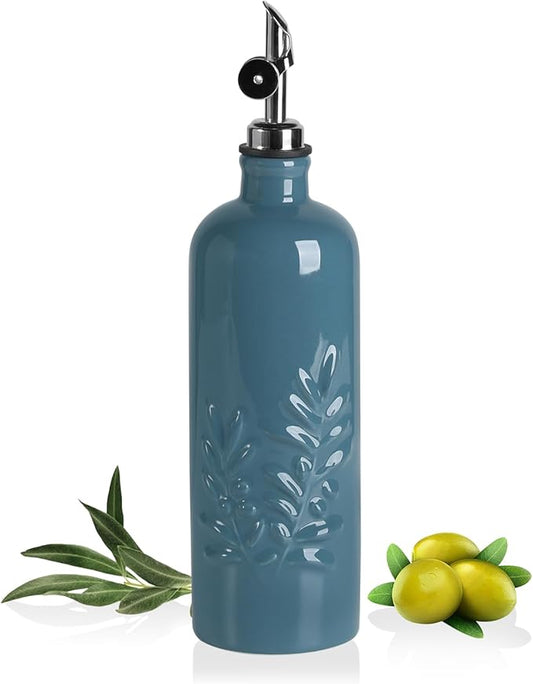 Sweejar 18 Oz Oil Dispenser for Kitchen with Gravity Spout, Ceramic Olive Oil Dispenser Bottle, Relief Opaque Vinegar Container for Evoo, Vinegar, Soy Sauce, Pack of 1(Fogblue, Silver Spout) by Sweejarco1949