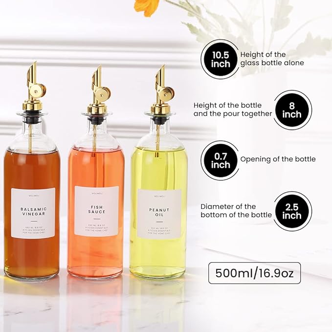 Molimoli Oil and Vinegar Dispenser with Metal Pour Spout, Weighted Pourer, Glass Bottle Dispenser for Kitchen, Olive Oil Cruet, Glass Olive Oil Bottle | 500ml, Set of 2 - Image 3