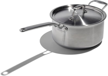 Heritage Steel x Eater 4 Quart Saucepan with Lid | Made in USA | 5-Ply Fully Clad Stainless Steel Pan | Stay Cool Handle Design | Induction Capable & Non-Toxic Cookware
