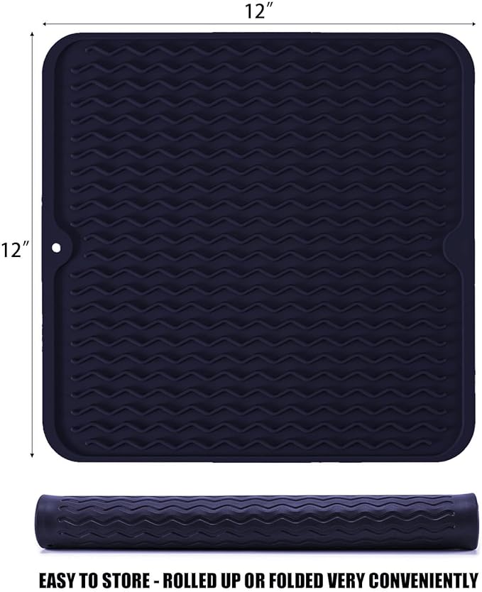 Silicone Dish Drying Mat for Multiple Usage, Easy clean, Eco-friendly, Heat-resistant Dish Drainer Mat for Kitchen Counter,Sink,Refrigerator or Drawer liner (12" x 12", Dark Blue) - Image 2