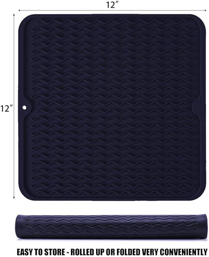 Silicone Dish Drying Mat for Multiple Usage, Easy clean, Eco-friendly, Heat-resistant Dish Drainer Mat for Kitchen Counter,Sink,Refrigerator or Drawer liner (12" x 12", Dark Blue) - Image 2