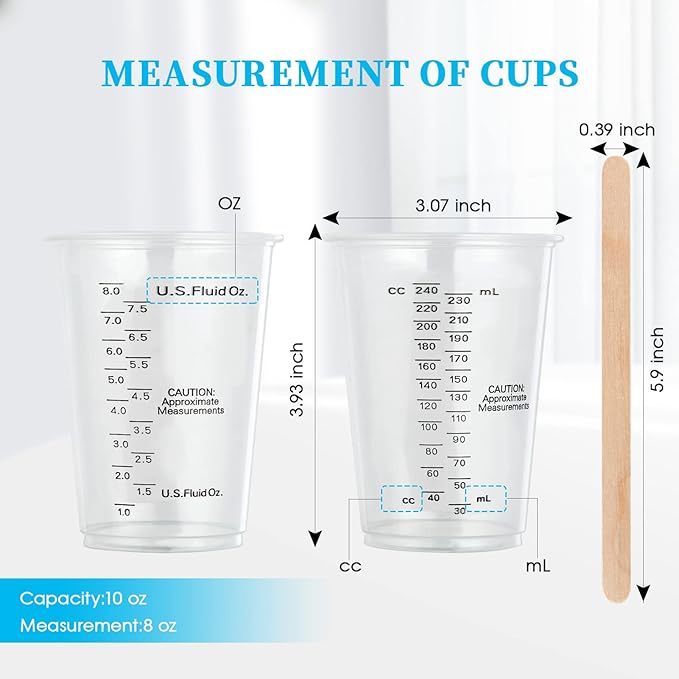 100 PACK Plastic Measuring Cups, 10 oz Disposable Mixing Cups with 100 Wooden Mixing Sticks, Can Be Used for Epoxy Resin, Liquid Measuring, Paint, Cooking and Baking - Image 7