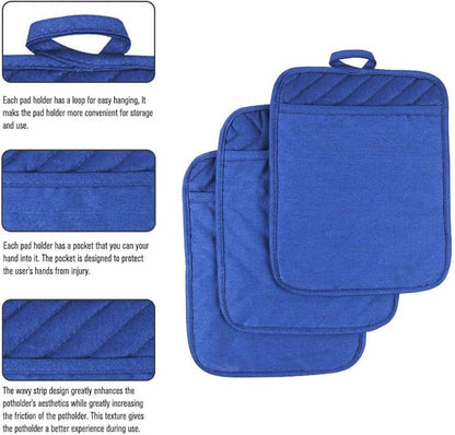 Anyi Pot Holders for Kitchen Heat Resistant, Cotton Hot Pads for Counter Table, Blue Kitchen Pot Holders with Pocket - Image 2