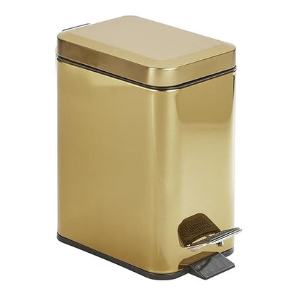 mDesign Slim Metal Rectangle 0.8 Gallon Trash Can with Step Pedal, Easy-Close Lid, Removable Liner - Narrow Wastebasket Garbage Container Bin for Bathroom, Bedroom, Kitchen, Office - Soft Brass