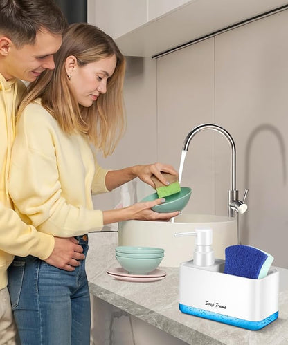 Dish Soap Dispenser with Sponge Holder, 2-in-1 Countertop Small Soap Dispenser for Kitchen and Bathroom, Multi-Scene for Dish Soap, Hand Soap, Lotion, Body Wash (White) - Image 3
