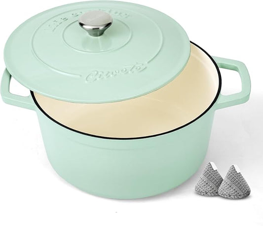Ciwete Enameled Cast Iron Dutch Oven – 4.4 Quart Pot with Lid & Potholders – Heavy-Duty Cookware for Bread Baking, Braising, Stews & Roasting – Oven & Stovetop Safe up to 500°F – Mint Green