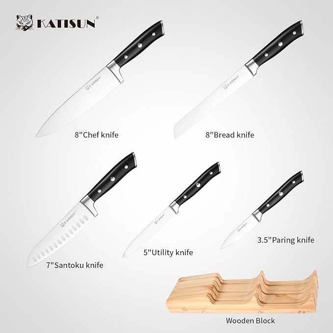 In-Drawer Knife Block with 5 Pieces Knives, Bamboo Knife Drawer Organizer for Kitchen, Perfect for Home and Chefs, Premium Knife Holder, Slots for 5 Knives Kitchen Drawer, Counter Top - Chef Gift Idea - Image 2