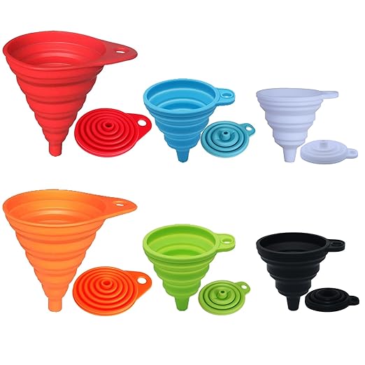 KongNai Kitchen Funnel Set, Small and Large, Kitchen Gadgets Accessories Foldable Silicone Collapsible Funnels for Filling Water Bottle Liquid Transfer Food Grade (6 Pack) by KongNai