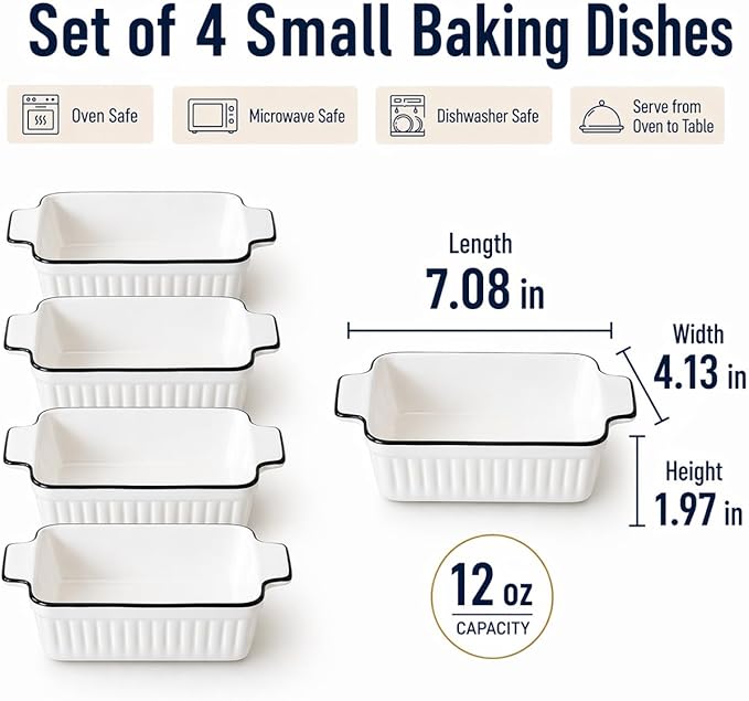 12 Oz Casserole Dish, Ceramic Baking Dishes Sets of 4, Small Casserole Dish with Handle, Porcelain Bakeware Sets, 5" Rectangular Baking Serving Dish for Casserole, Cakes, Dishwasher Oven Safe - Image 2