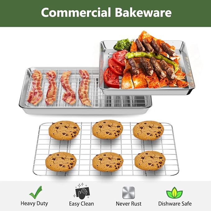 ROTTAY Small Baking Sheet Pan with Wire Rack Set [2 Pans + 2 Racks], 1/8 Stainless Steel Cookie Sheets for Oven, Warp Resistant & Heavy Duty & Rust Free, Size 9 x 7 x 1 Inches - Image 2