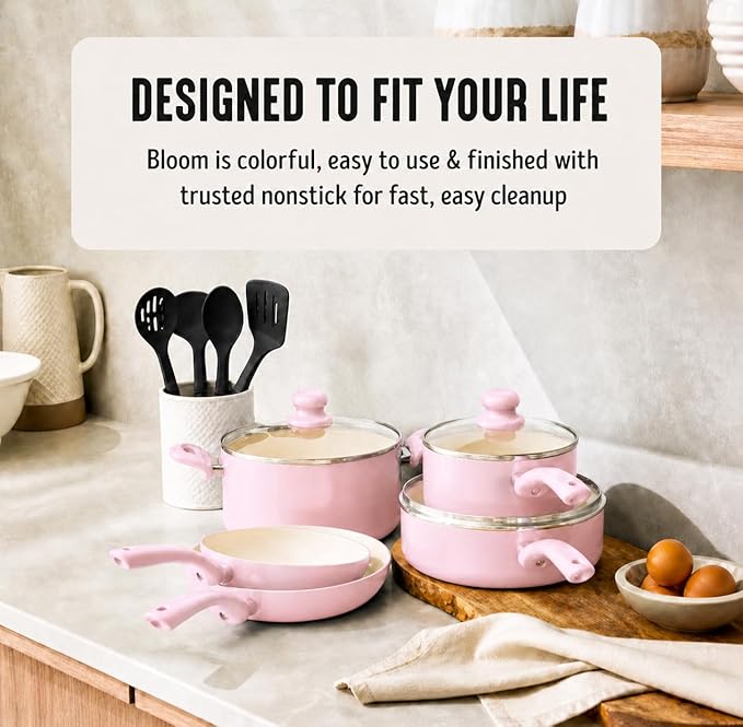 GreenLife 16-Piece Nonstick Cookware Set, Non-Toxic Ceramic Pots and Pans Set, Durable Healthy Kitchen Essentials, Fast Heating, Induction Ready, Easy Clean Dishwasher Safe, PFAS-Free, Blush Pink