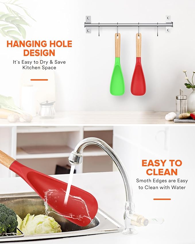 Cooking Spoon for Nonstick Cookwares, Great for Cooking and Serving Sturdy BPA-Free Matte Silicone, Wood Handle Spoon for Mixing, Scoop, and Scrape (AGR, 11.4 inch) - Image 7