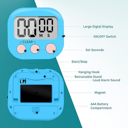 6 Pack Small Digital Kitchen Timer Magnetic Back and ON/Off Switch,Minute Second Count Up Countdown (Blue) - Image 3