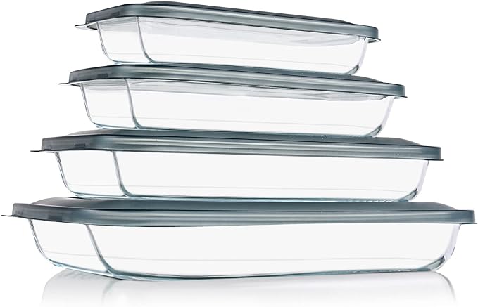KOMUEE 8 Pieces Glass Baking Dish with Lids Rectangular Glass Baking Pan Bakeware Set with Lids, Baking Pans for Lasagna, Leftovers, Cooking, Kitchen, Fridge-to-Oven, Gray by KOMUEEUS