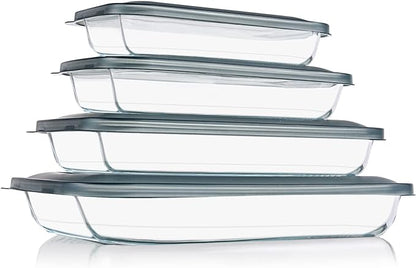 KOMUEE 8 Pieces Glass Baking Dish with Lids Rectangular Glass Baking Pan Bakeware Set with Lids, Baking Pans for Lasagna, Leftovers, Cooking, Kitchen, Fridge-to-Oven, Gray by KOMUEEUS