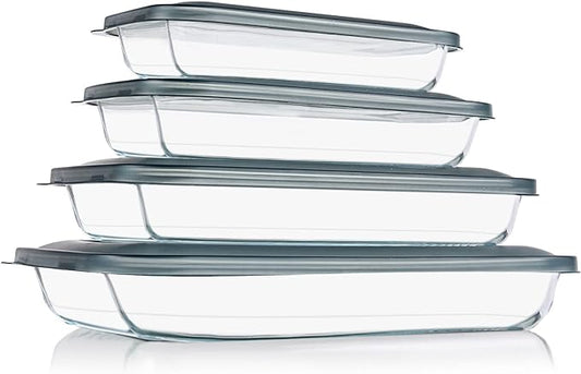 KOMUEE 8 Pieces Glass Baking Dish with Lids Rectangular Glass Baking Pan Bakeware Set with Lids, Baking Pans for Lasagna, Leftovers, Cooking, Kitchen, Fridge-to-Oven, Gray by KOMUEEUS