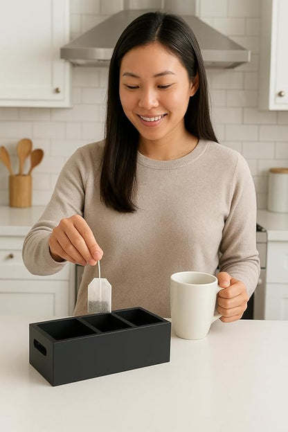 Moldie Black Wood Tea and Sugar Pack Organizers, Wooden Box with 3 Slots, Kitchen and Office Storage Organizers for Countertop