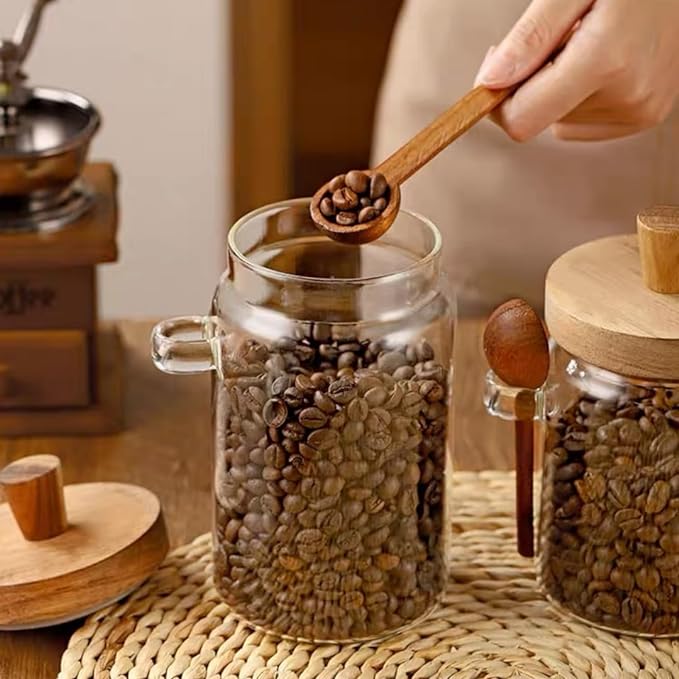 ANSQU Set of 2 Glass Food Storage Jars with Bamboo Wood Lid and Spoon, 20.3oz Glass Kitchen Canisters for Coffee, Tea, Cereal, Spice and Canning, Mason Jars, Cute Jars
