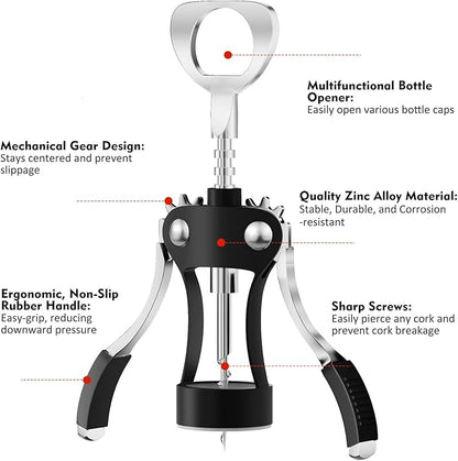 KORCCI Wine Opener, Heavy-Duty Zinc Alloy Wing Corkscrew, Premium Beer Bottle Opener, Multifunctional Wine Accessories with Ergonomic Handle and Sharp Screw, for Kitchen, Bar, Restaurant (BLACK) - Image 2