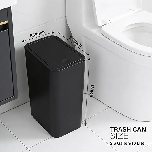 Compact Push-in Trash Can with Lid for Bathrooms, Kitchens, Living Rooms, Offices, Etc., Trash Can with Pop-Up Lid, 10 Liter/2.6 Gallon Slimline (Black)