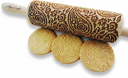 PAISLEY Embossing Rolling Pin with Oriental Pattern. Dough Roller for Embossed Cookies and Pottery by Algis Crafts