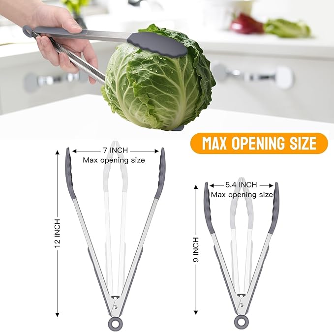 HOTEC Premium Stainless Steel Locking Kitchen Tongs with Silicon Tips, Set of 2-9" and 12" Light Grey - Image 3