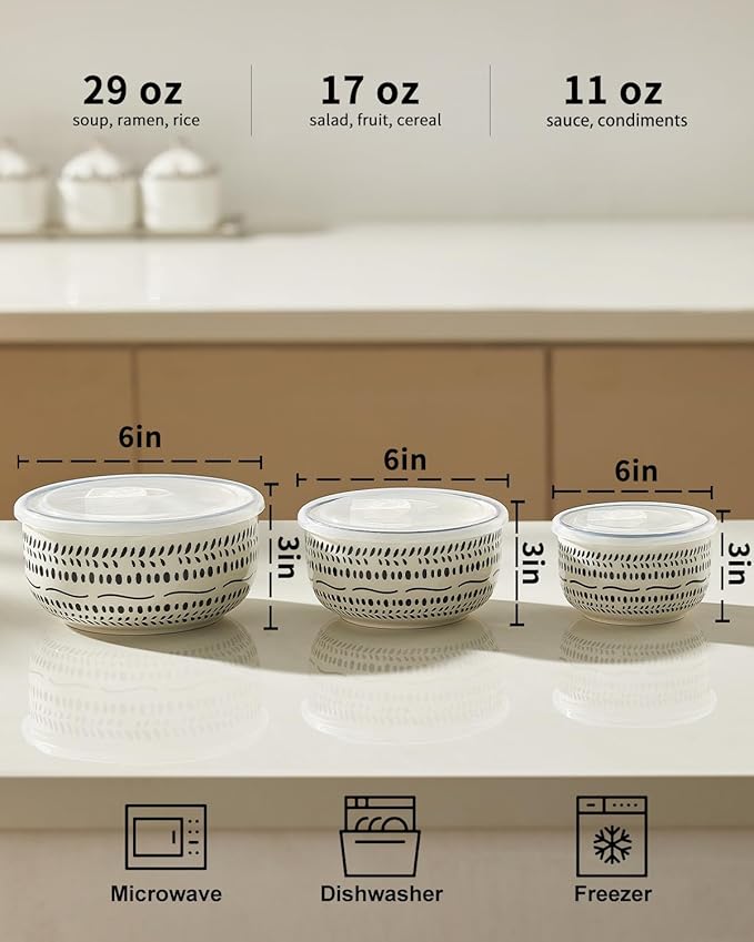 Metahom Ceramic Bowls with Lids Set of 3, Nesting Bowls for Food Storage, Meal Prep, Ceramic Bowls for Kitchen, Microwave & Dishwasher Safe, 29+17+11 Oz - Image 2