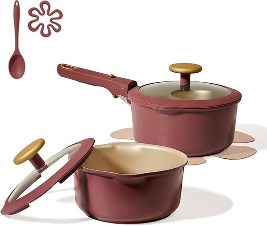 CAROTE 2.0Qt & 3.0Qt Titanium Nonstick Reinforced Sauce Pan Sets with Lid, Non-Stick Saucepans Cookware Set with Pour Spout with Detachable Handle, PFOS, PFOA Free, Induction Comptable, Burgundy by CAROTE